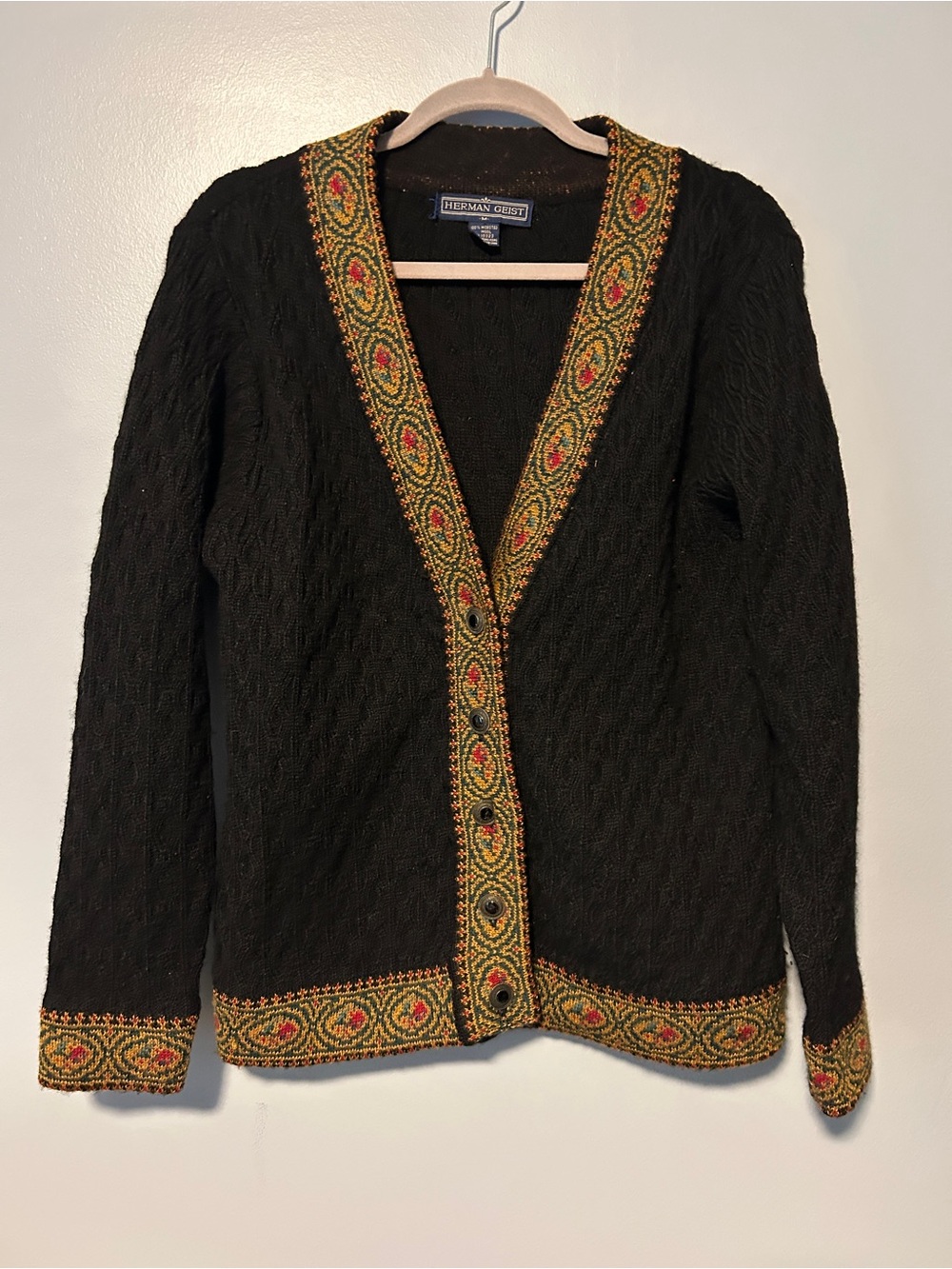 Herman Geist Black Embroidered V-Neck Cardigan Wool Vintage